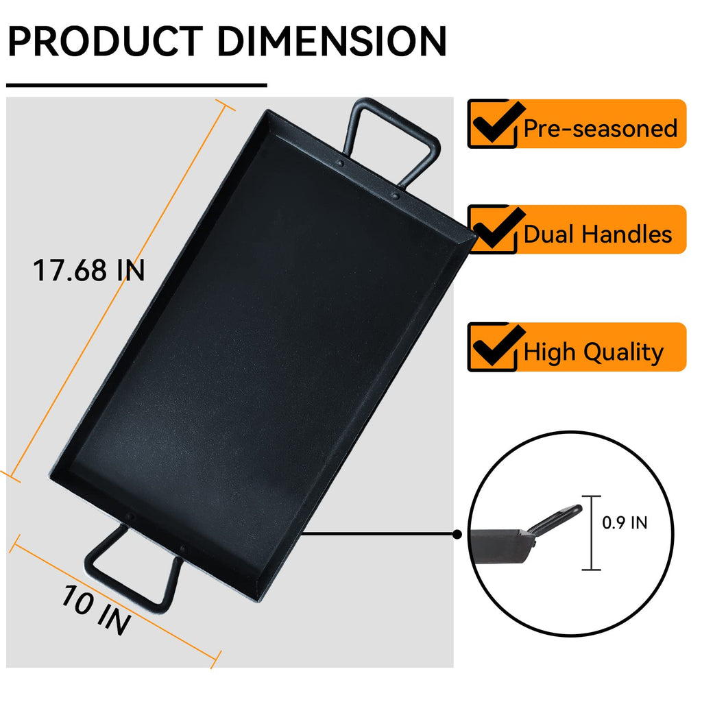 Pre-Seasoned Cast Iron Griddle Pan with Handles – Non-Stick Grill for Stove Tops and Gas Grills, Ideal for Indoor and Outdoor Cooking, Camping, 17.68 x 10 Inches - Cholys
