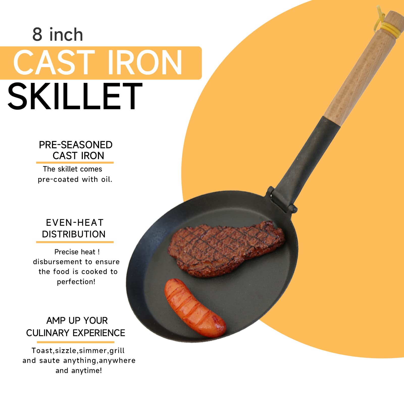 8.2-Inch Non-Stick Cast Iron Frying Pan – Pre-Seasoned Griddle Pan with Folding Handle for Camping, Indoor & Outdoor Cooking – Versatile for Various Stove Types. - Cholys