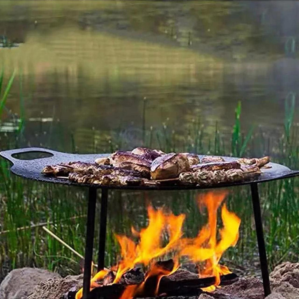 15-Inch Pre-Seasoned Carbon Steel Korean BBQ Grill Pan with Detachable Legs – Flat Pan and Camping Griddle for Stove Top Cooking. - Cholys