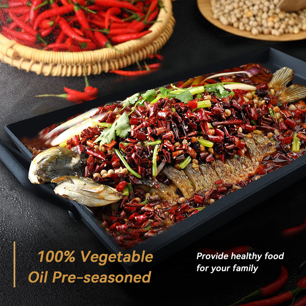 Pre-Seasoned Cast Iron Griddle Pan with Handles – Non-Stick Grill for Stove Tops and Gas Grills, Ideal for Indoor and Outdoor Cooking, Camping, 17.68 x 10 Inches - Cholys